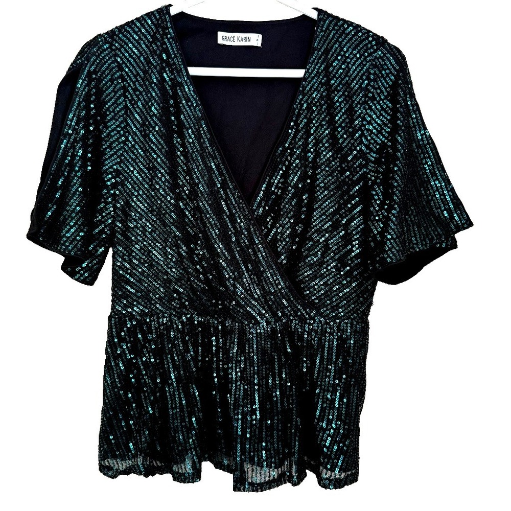 Grace Karin Sequin Peplum Top Sz M Short Sleeve V-Neck Party Formal Glam Holiday